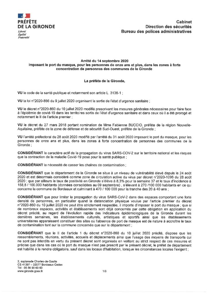 thumbnail of 2020_09_14 Arrêté imposant le port du masque dans les zones à forte concentration de personnes des communes de la Gironde