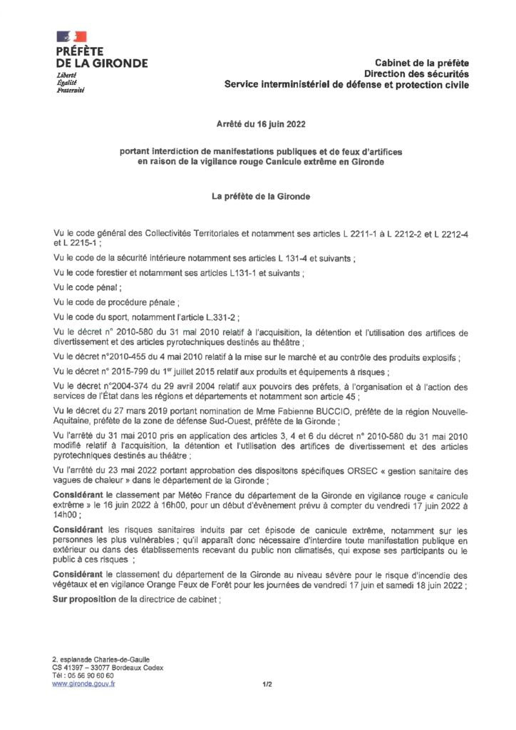 thumbnail of 20220616 Arrêté PREF33 interdiction du 16-06-2022 Manifestations et Artifices en raison de la vigilance rouge canicule