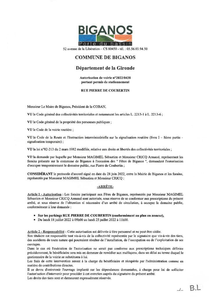 thumbnail of ARRÊTÉ 2022-0438 – STATIONNEMENT RUE PIERRE DE COUBERTIN – FÊTE DE BIGANOS