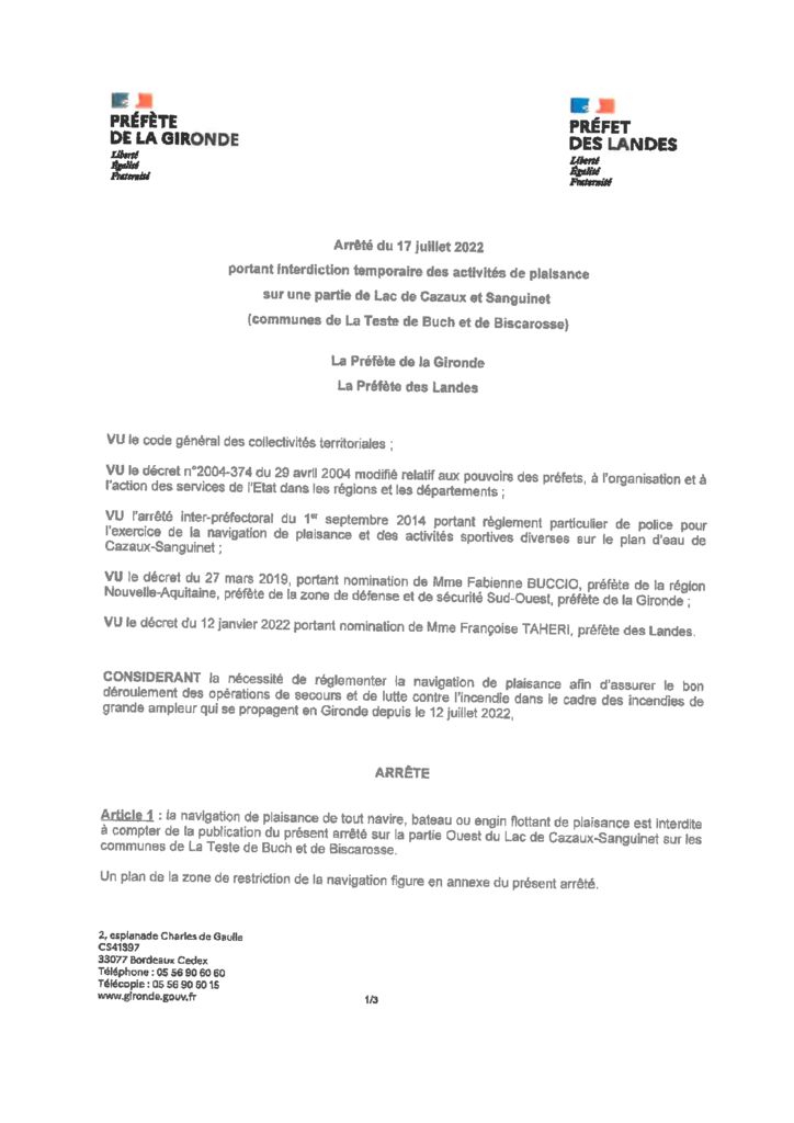 thumbnail of Arrêté temporaire d’interdiction des activités de plaisance sur le lac de Cazaux Sanguinet