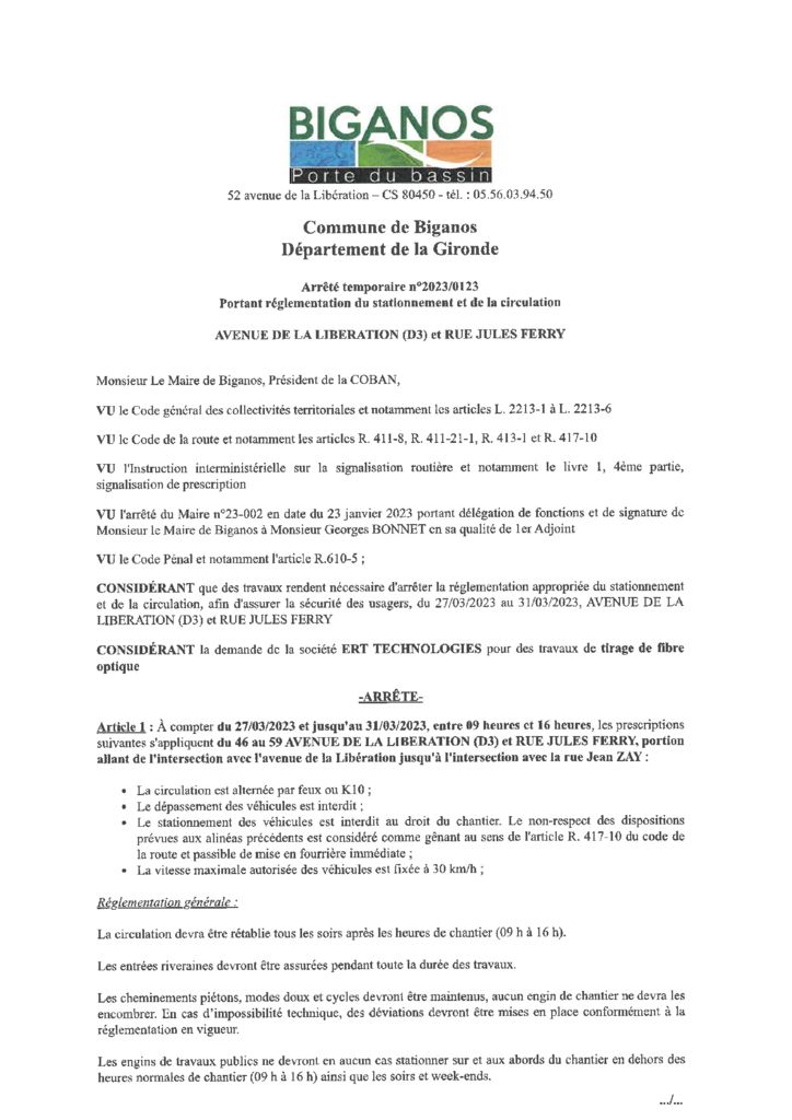 thumbnail of ARRETE 2023-0123 – AVENUE DE LA LIBERATION RUE JULES FERRY