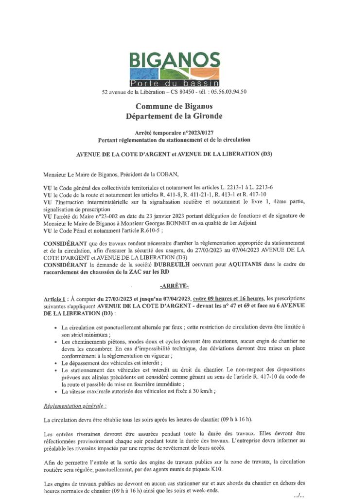 thumbnail of ARRETE 2023-0127 – AVENUE DE LA COTE D ARGENT AVENUE DE LA LIBERATION