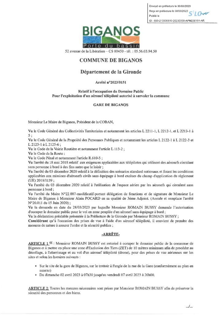 thumbnail of ARRÊTÉ 2023-0151-VOL DE DRONE-GARE DE BIGANOS – DU 02-04-2023 AU 07-04-2023