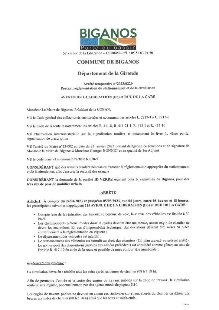 thumbnail of ARRETE 2023-0220 – AVENUE DE LA LIBERATION ET RUE DE LA GARE