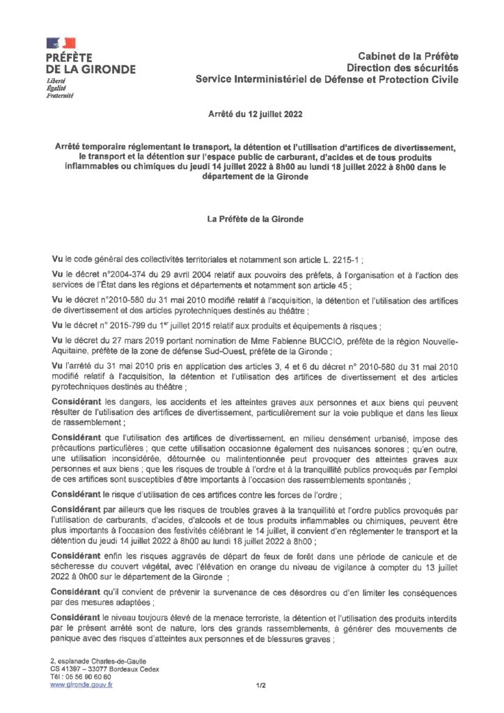thumbnail of 2022-07-12 Arrêté interdisant transport détention utilisation artifices produits inflammables du 13 au 18 juillet 2022 en Gironde