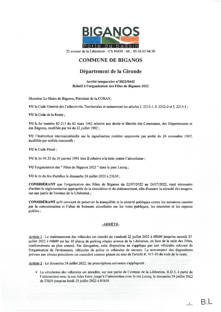 thumbnail of ARRÊTÉ 2022-0442 – RÈGLEMENTATION FÊTES DE BIGANOS – DU 22 JUILLET 2022 AU 24 JUILLET 2022