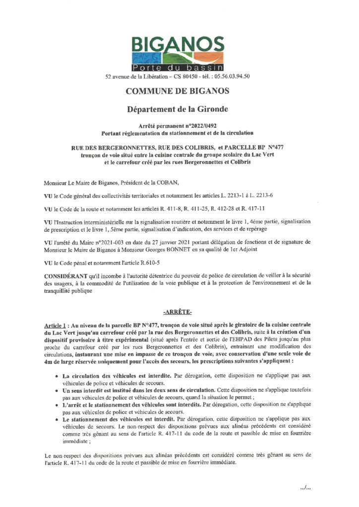 thumbnail of ARRETE 2022-0492 – RUE DES BERGERONNETTES RUE DES COLIBRIS PARCELLE BP 477