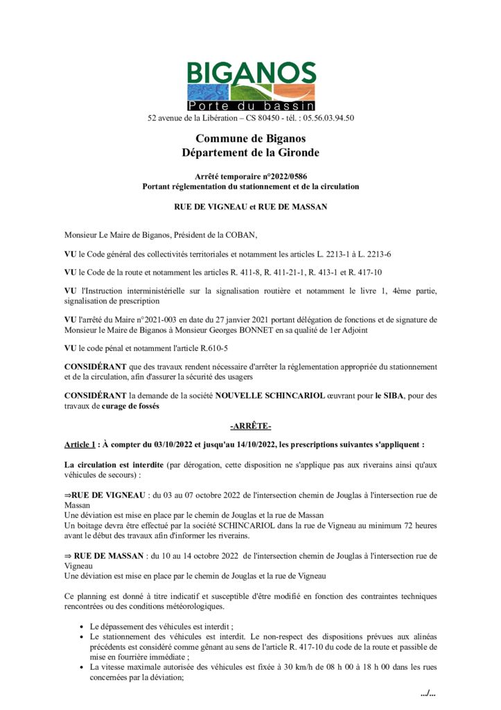 thumbnail of ARRETE 2022-0586 – RUE DE MASSAN ET RUE DE VIGNEAU