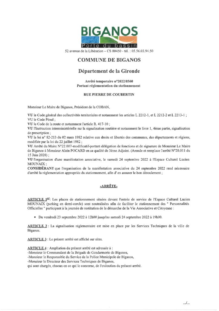 thumbnail of Arrêté 2022-0560 – Réglementant le stationnement – Rue Pierre de Coubertin – Démarche VAC- 24-09-2022
