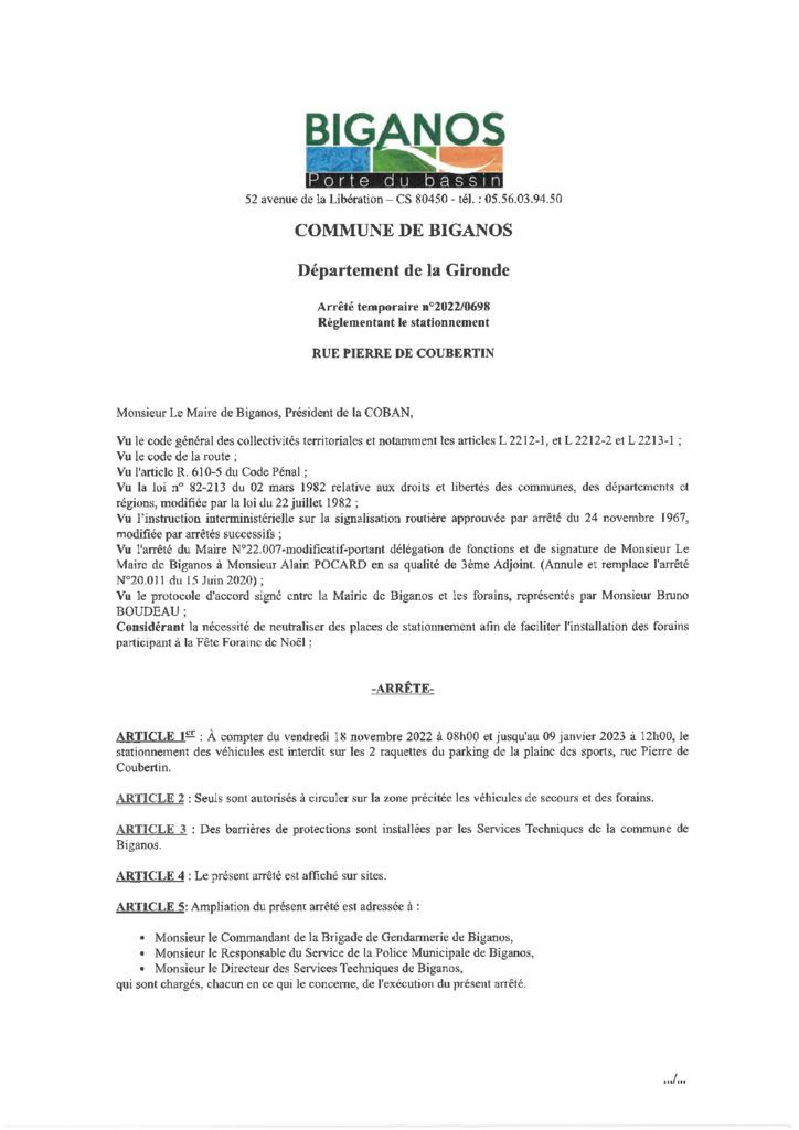 thumbnail of ARRÊTÉ 2022-0698 – RÈGLEMENTANT LE STATIONNEMENT – RUE PIERRE DE COUBERTIN DU 18-11-2022 AU 09-01-2023