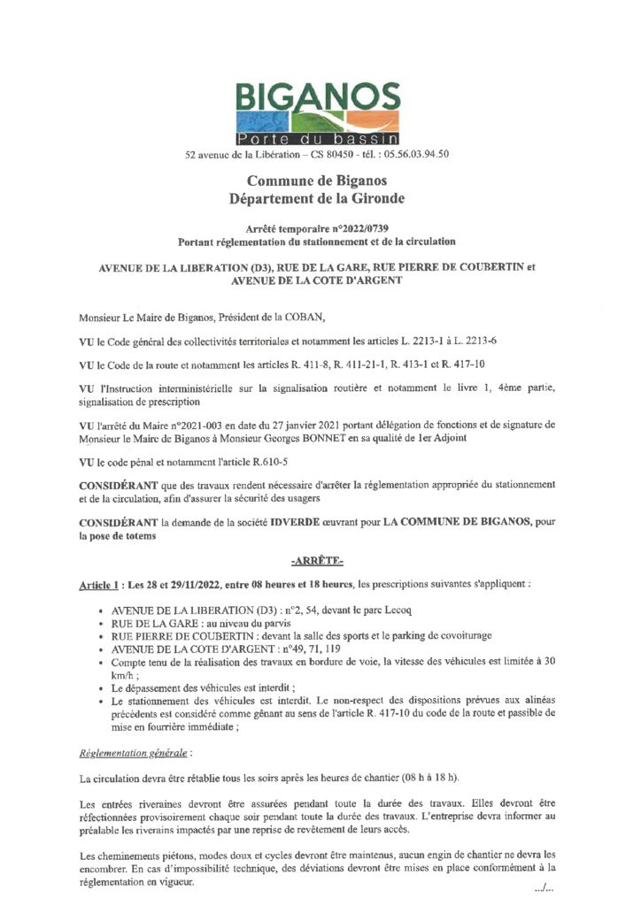 thumbnail of ARRETE 2022-0739 – AVENUE DE LA LIBERATION RUE DE LA GARE RUE PIERRE DE COUBERTIN AVENUE DE LA COTE D ARGENT