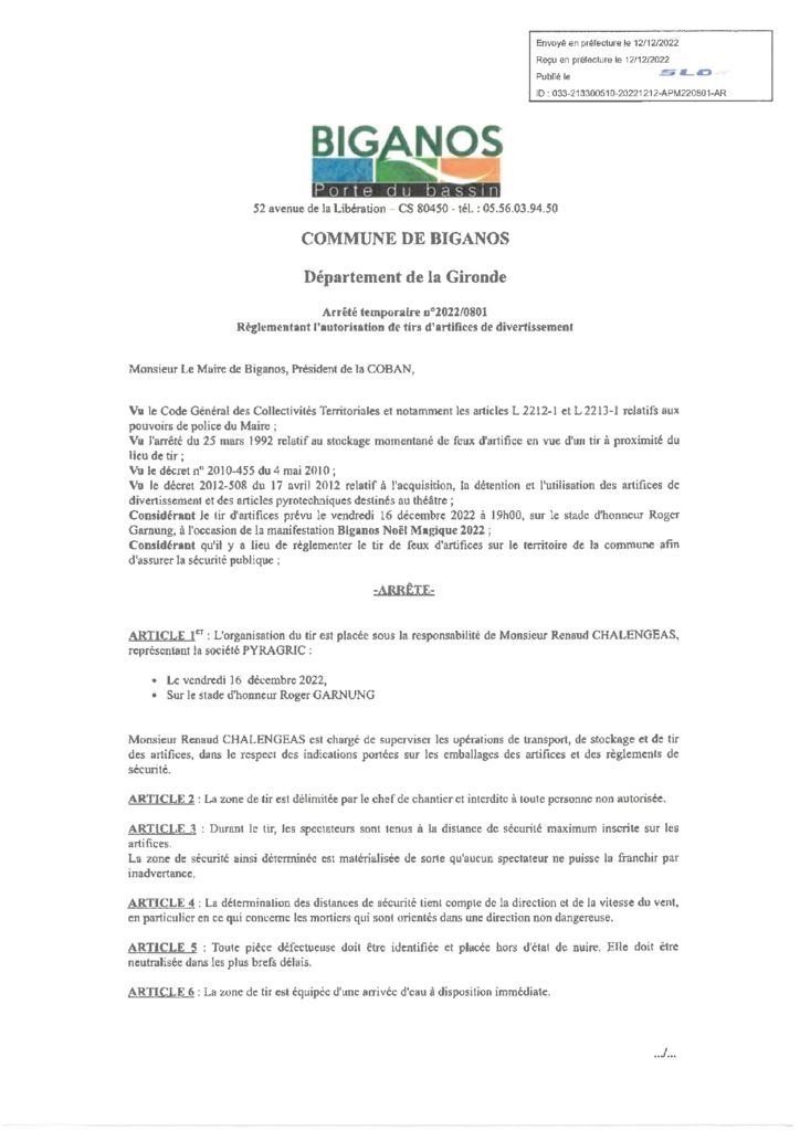thumbnail of ARRÊTÉ 2022-801 RÈGLEMENTANT L’AUTORISATION DE TIRS D’ARTIFICES – le 16-12-2022