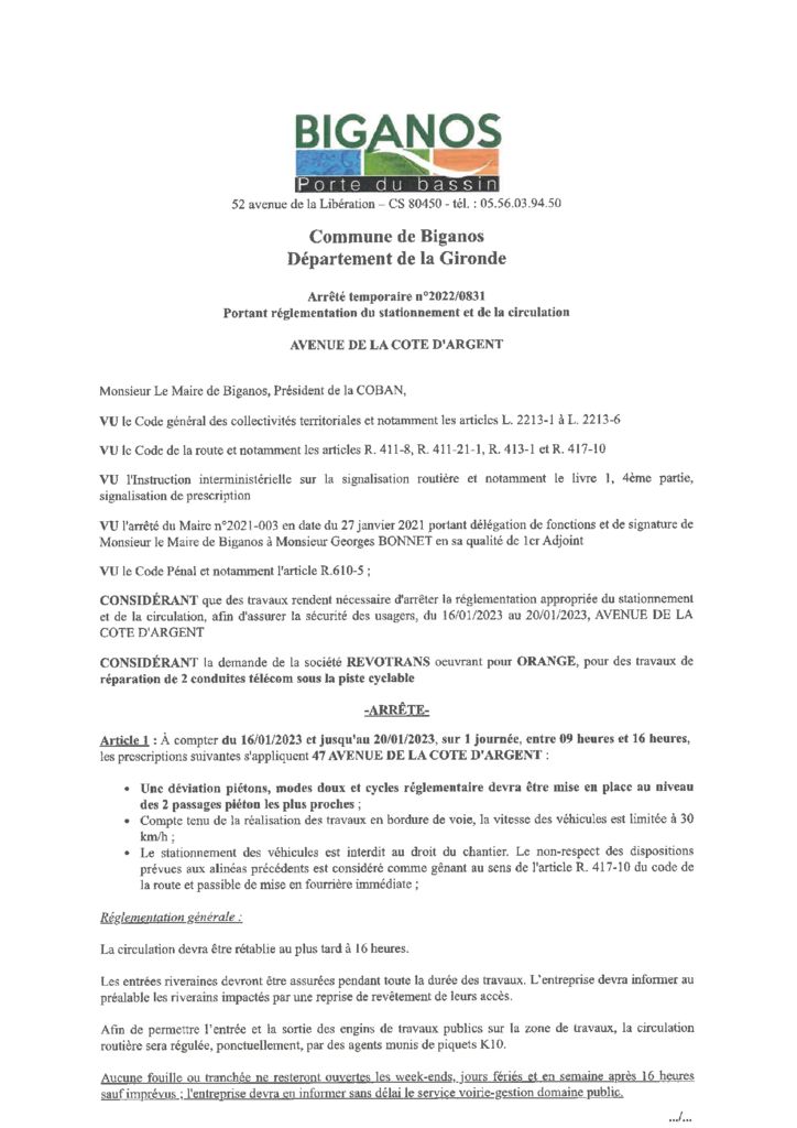 thumbnail of ARRETE 2022-0831 – AVENUE DE LA COTE D ARGENT