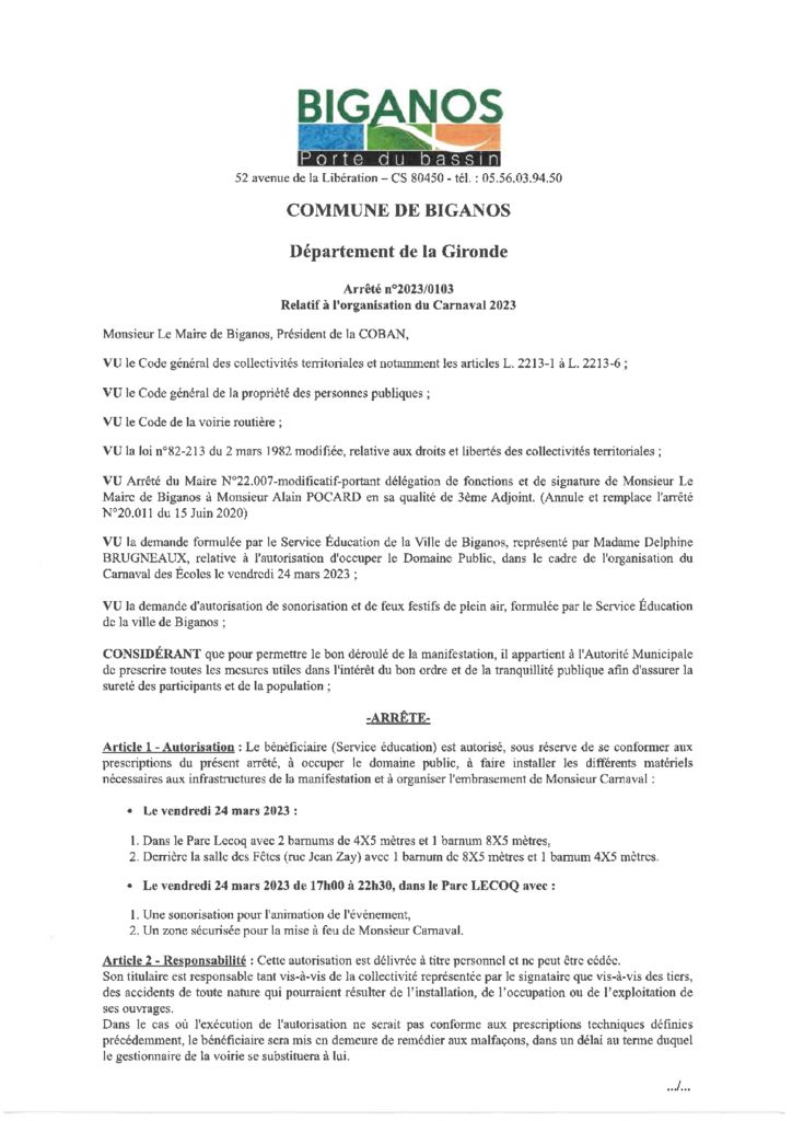 thumbnail of ARRÊTÉ 2023-0103 – RELATIF À L’ORGANISATION DU CARNAVAL LE VENDREDI 24 MARS 2023