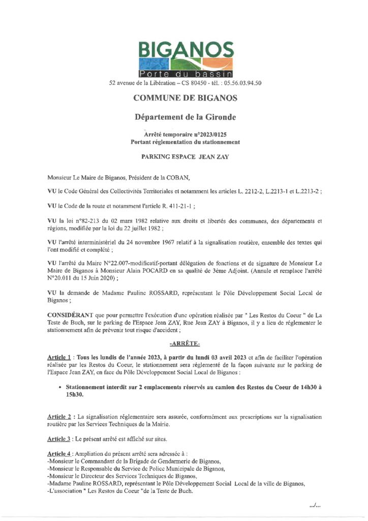 thumbnail of ARRÊTÉ 2023-0125 – PORTANT RÈGLEMENTATION DU STATIONNEMENT À PARTIR DU 03-04-2023 – PARKING ESPACE JEAN ZAY
