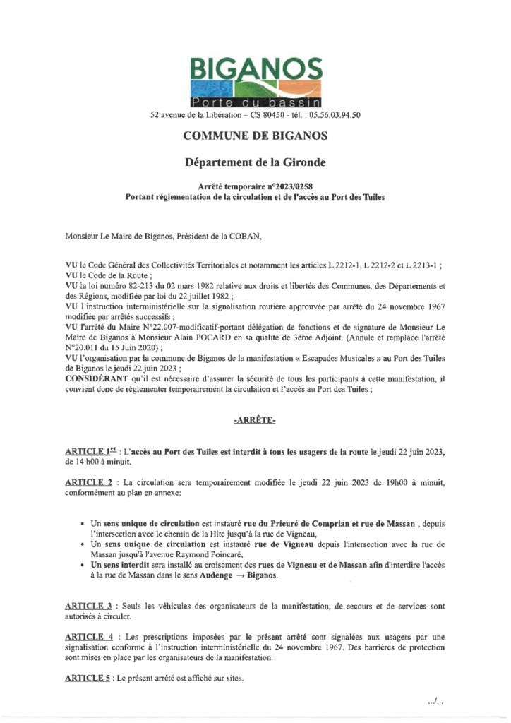 thumbnail of ARRÊTÉ 2023-0258 -RÈGLEMENTANT LA CIRCULATION – ESCAPADES MUSICALES – LE 22-06-2023