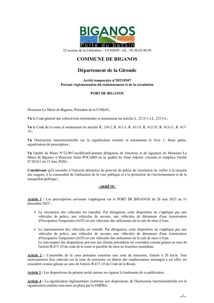 thumbnail of ARRÊTÉ 2023-0307 – RÈGLEMENTANT LE STATIONNEMENT ET LA CIRCULATION – PORT DE BIGANOS