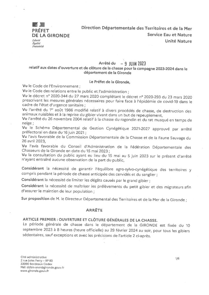 thumbnail of Ouverture et de cloture de la chasse pour la campagne 2023-2024 en Gironde
